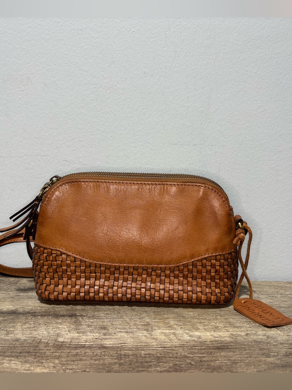 Woven Leather Crossbody Bag in Camel - Picture 11 of 12
